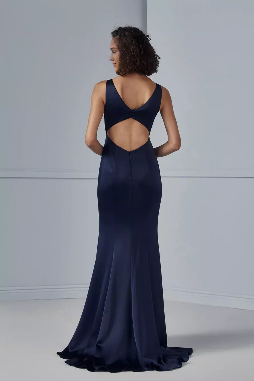 V-neck off shoulder sleeveless backless side slit and floor length Prom dress
