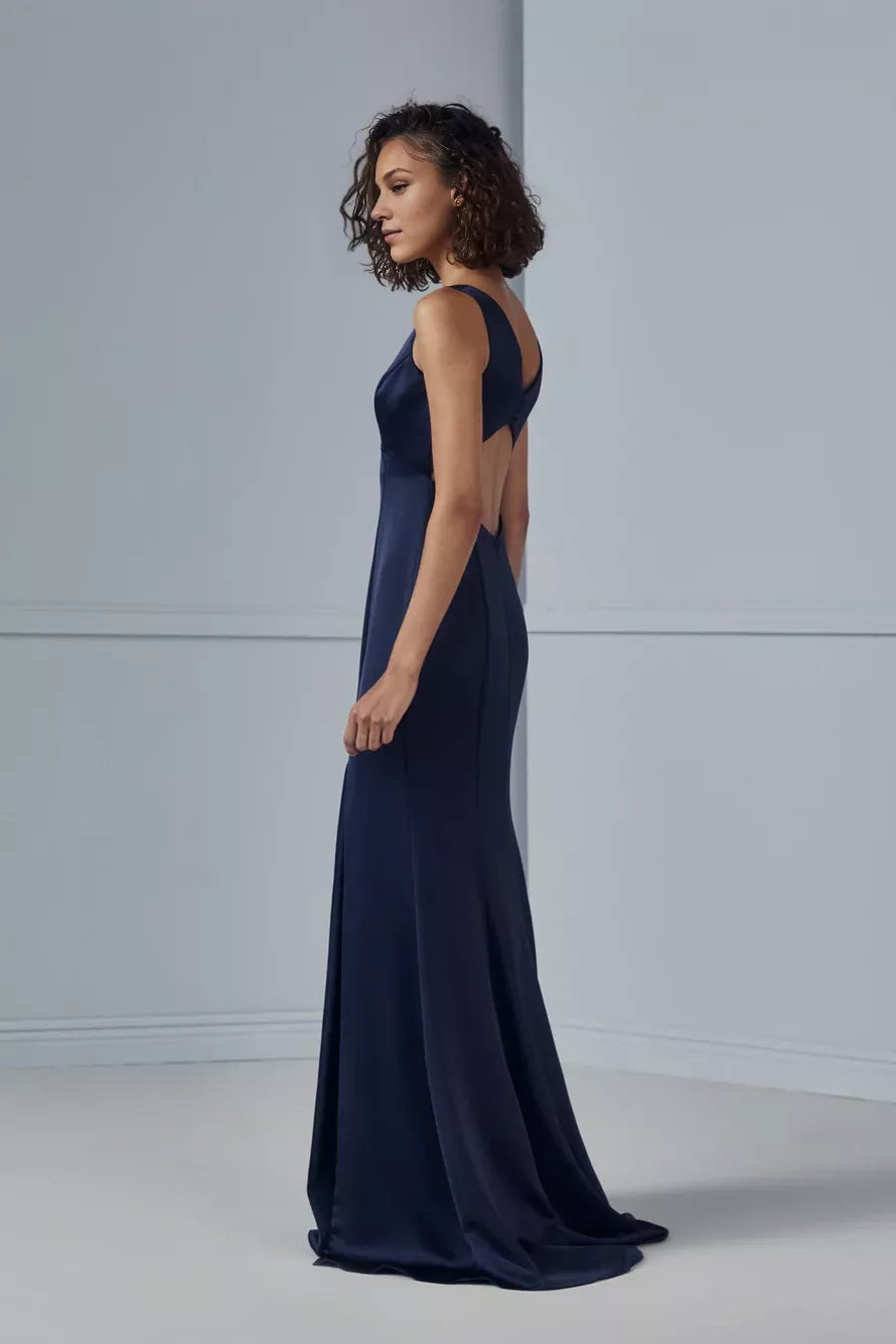 V-neck off shoulder sleeveless backless side slit and floor length Prom dress
