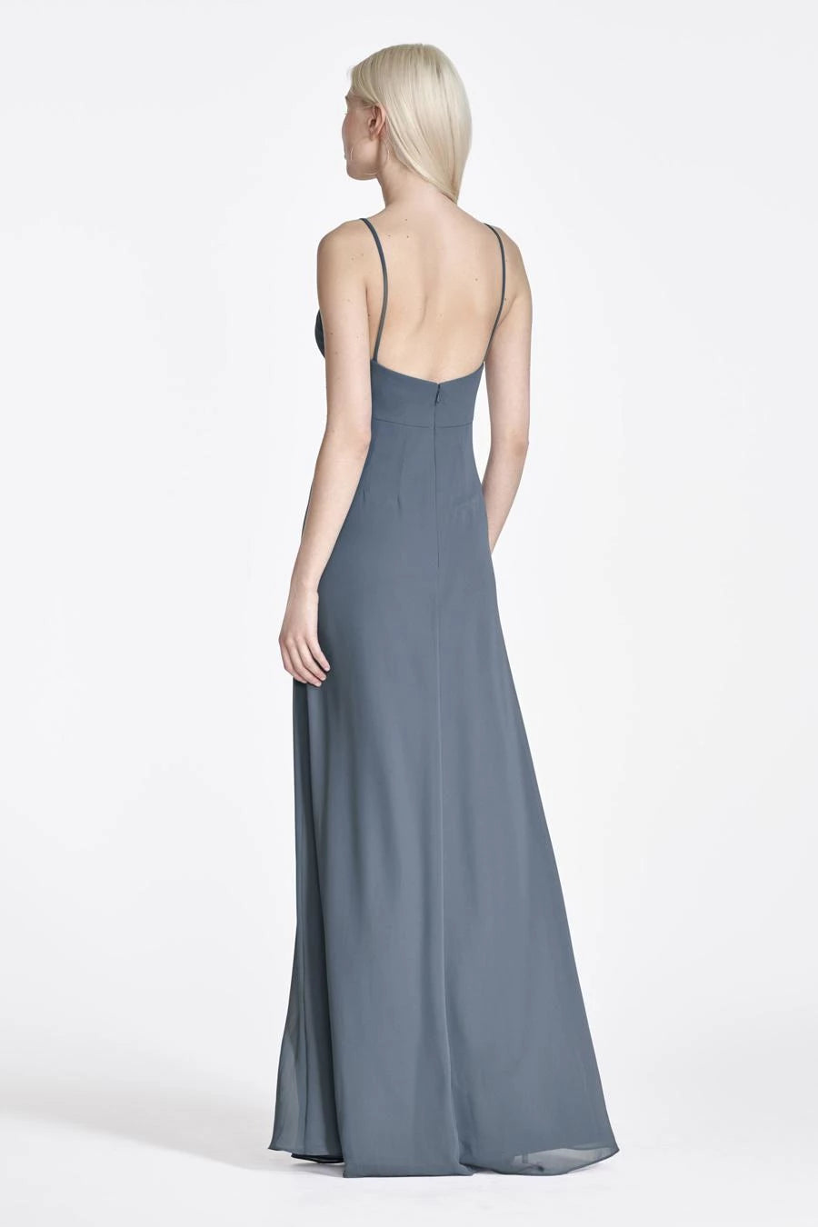 V-neck off shoulder sleeveless backless side slit and floor length evening dress