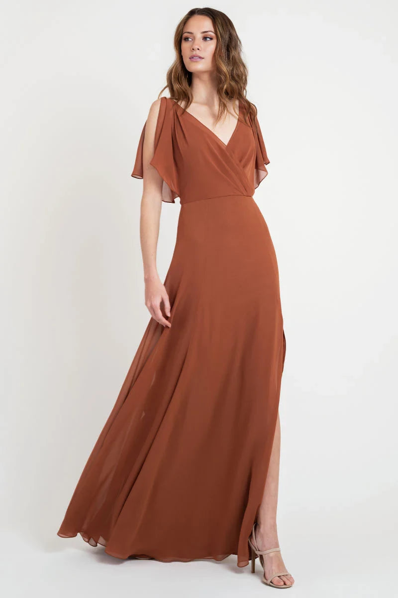 V-neck off shoulder sleeveless backless side slit and floor length evening dress