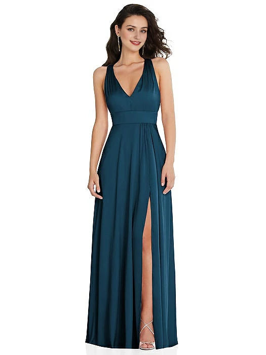 Robe de soirée longue à col en V, épaules dénudées, sans manches, dos nu, fente latérale