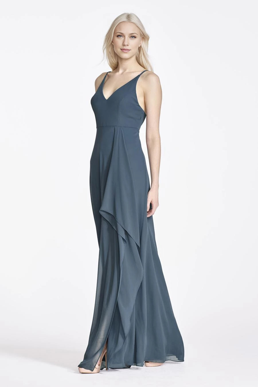 V-neck off shoulder sleeveless backless side slit and floor length evening dress