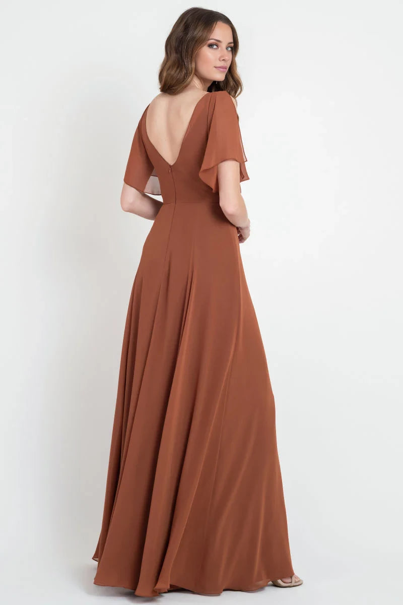 V-neck off shoulder sleeveless backless side slit and floor length evening dress