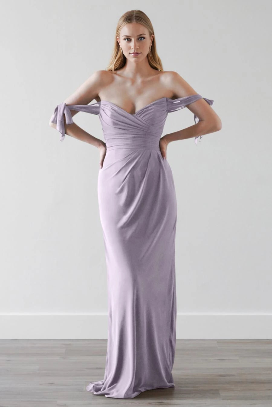 V-neck off shoulder sleeveless pleated detail backless and floor length Prom dress
