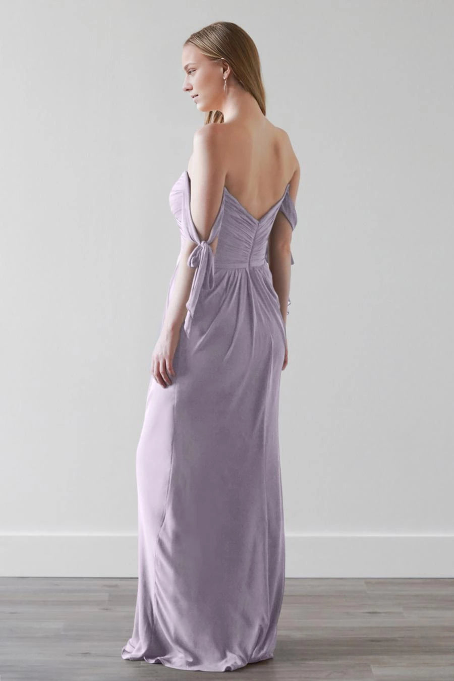 V-neck off shoulder sleeveless pleated detail backless and floor length Prom dress