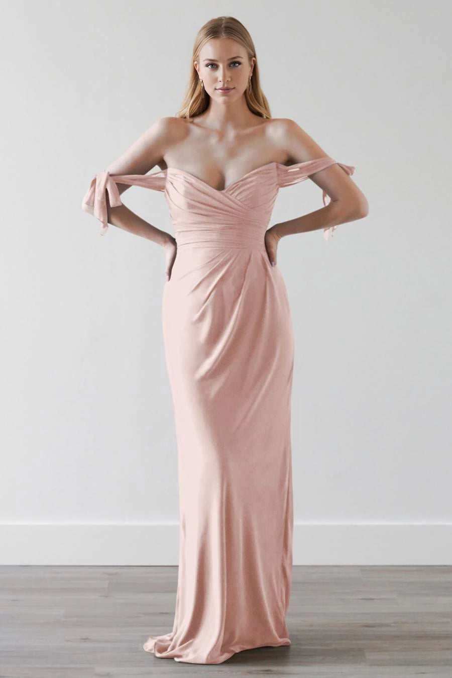 V-neck off shoulder sleeveless pleated detail backless and floor length Prom dress