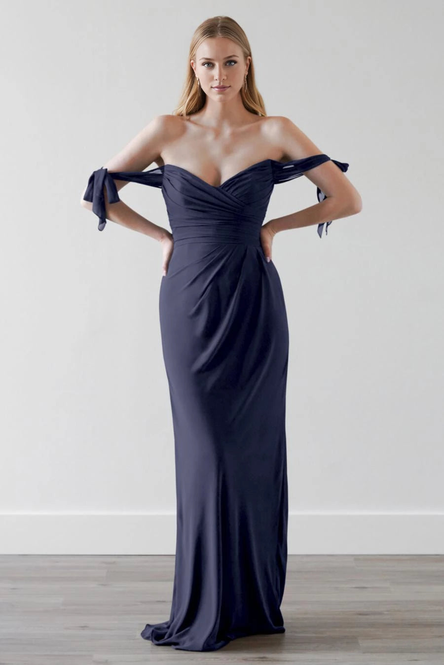 V-neck off shoulder sleeveless pleated detail backless and floor length Prom dress