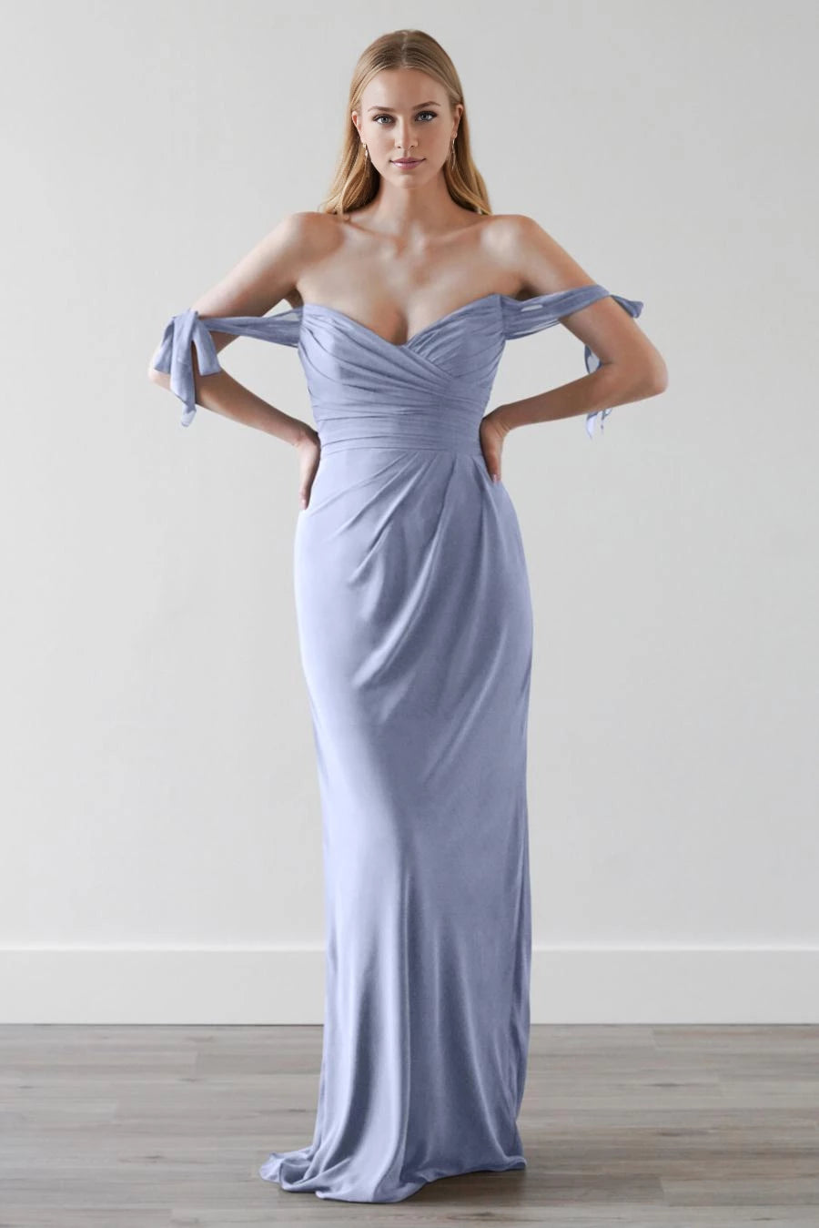 V-neck off shoulder sleeveless pleated detail backless and floor length Prom dress