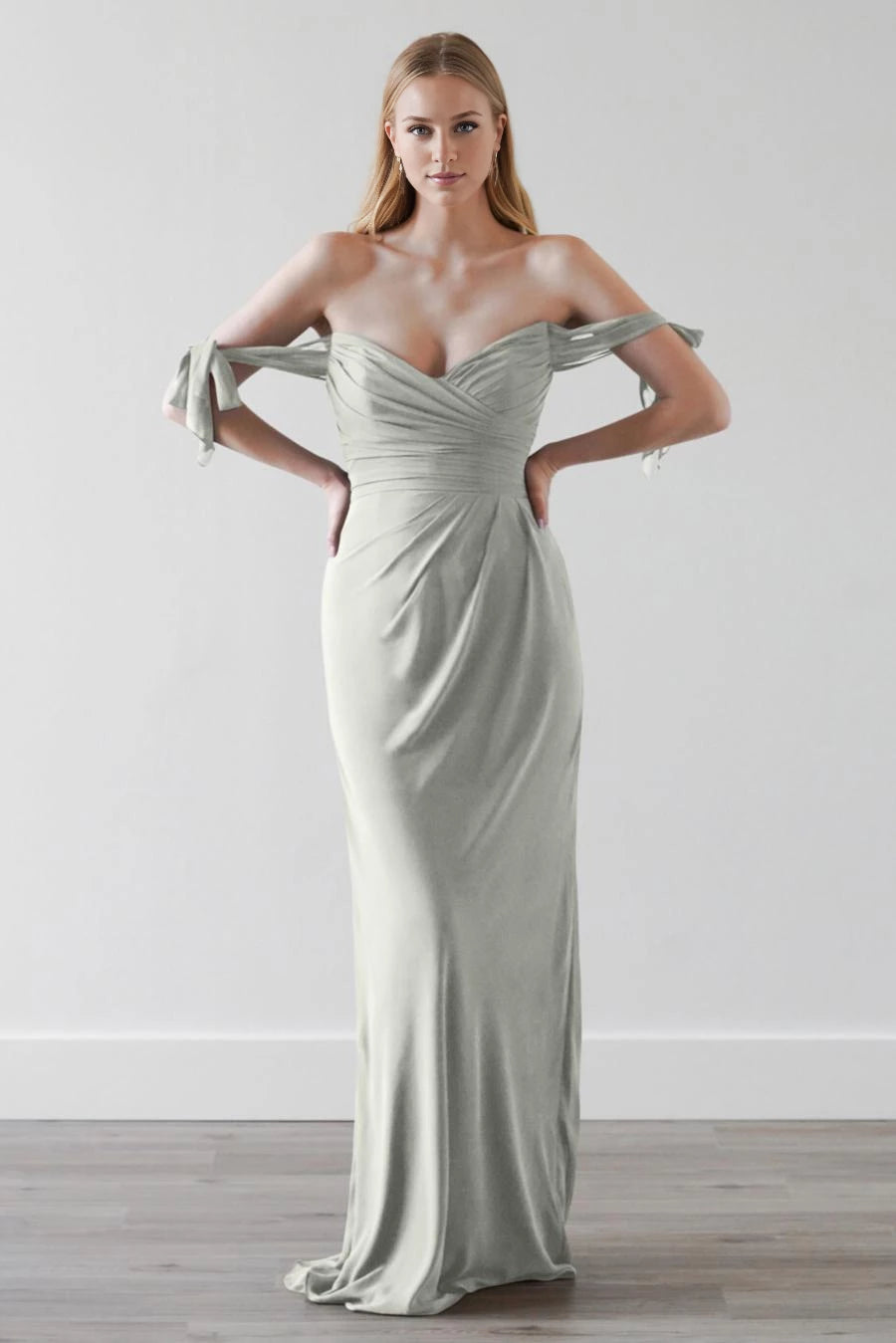 V-neck off shoulder sleeveless pleated detail backless and floor length Prom dress