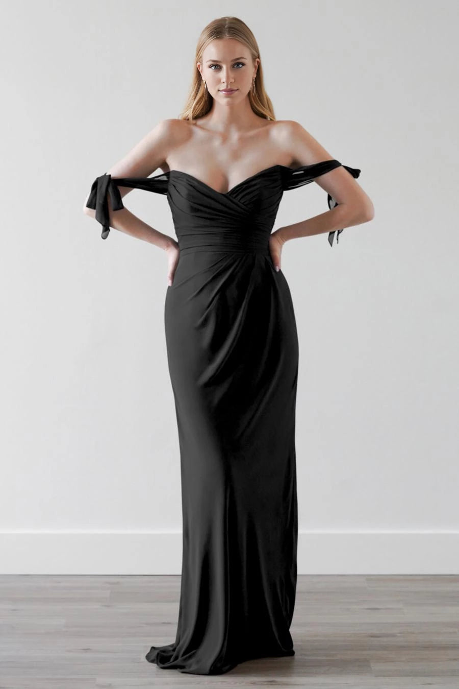 V-neck off shoulder sleeveless pleated detail backless and floor length Prom dress