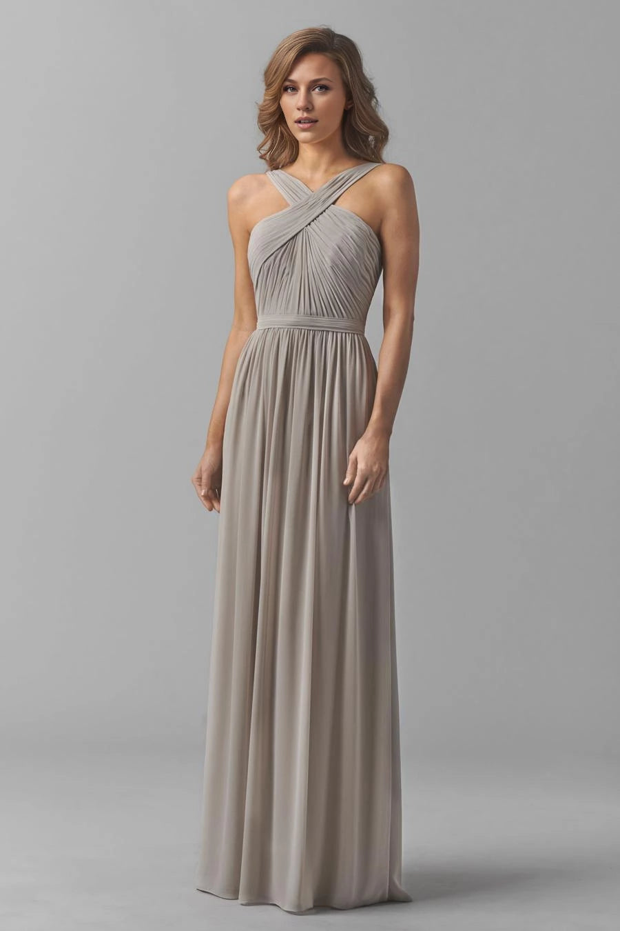 V-neck off shoulder sleeveless pleated detail backless and floor length evening dress