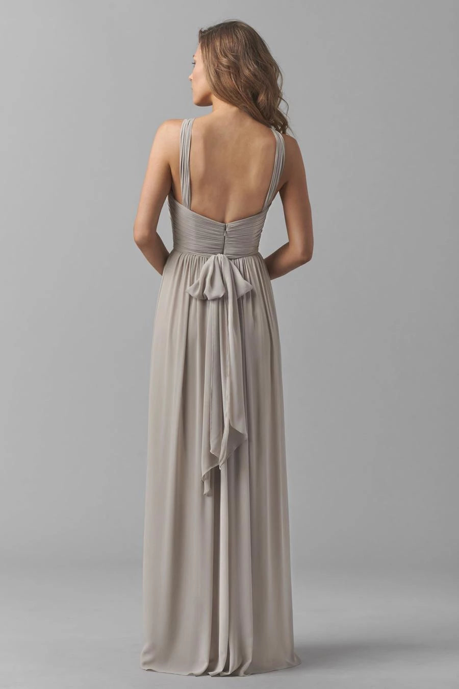 V-neck off shoulder sleeveless pleated detail backless and floor length evening dress