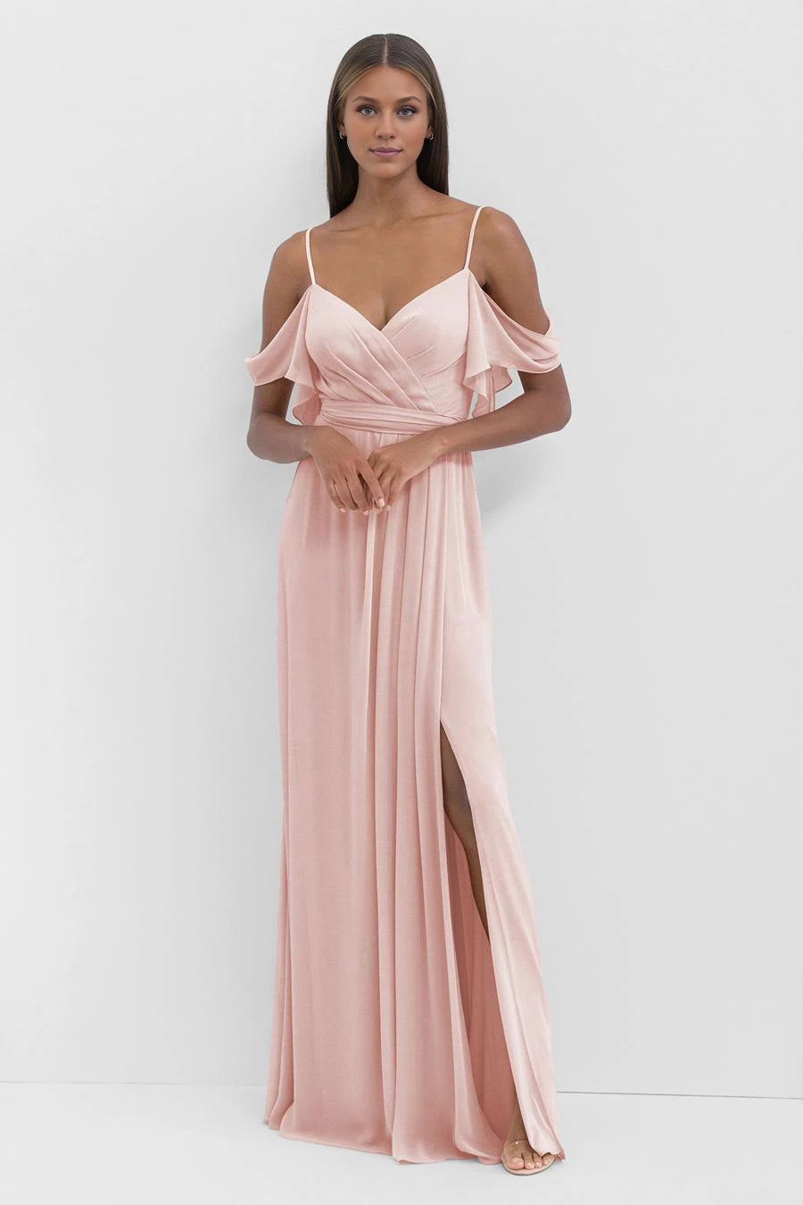 V-neck off shoulder sleeveless thin shoulder strap backless side slit and floor length Prom dress