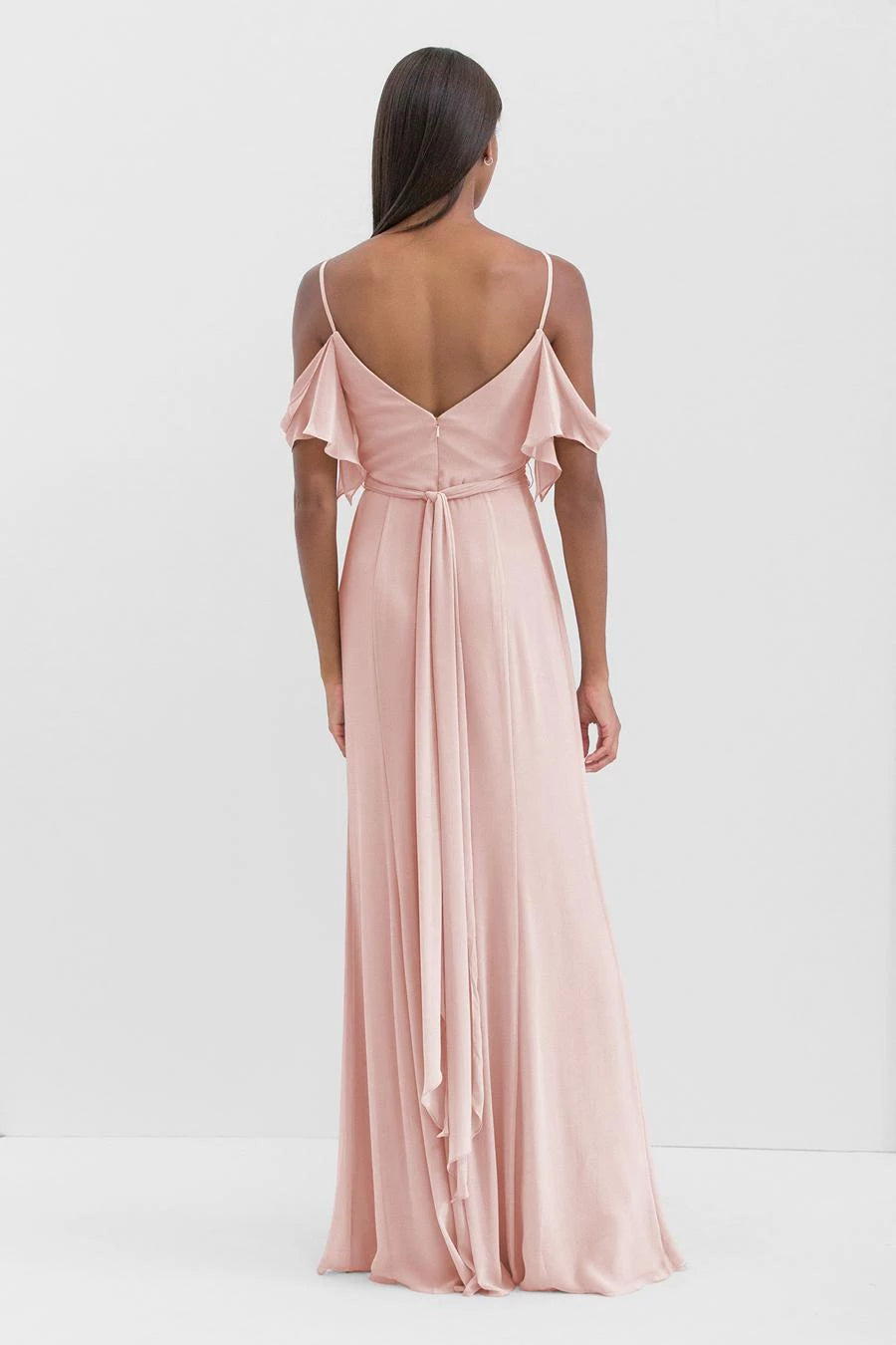 V-neck off shoulder sleeveless thin shoulder strap backless side slit and floor length Prom dress