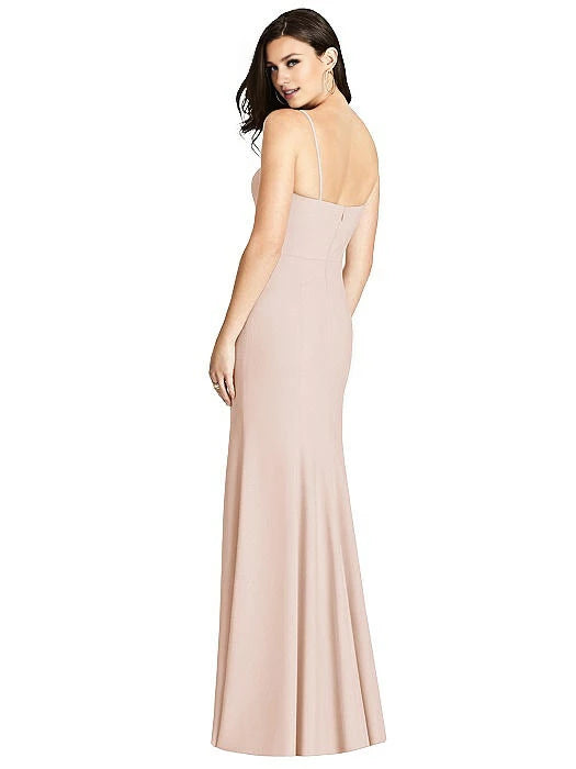 V-neck off shoulder sleeveless thin shoulder strap backless side slit and floor length evening dress
