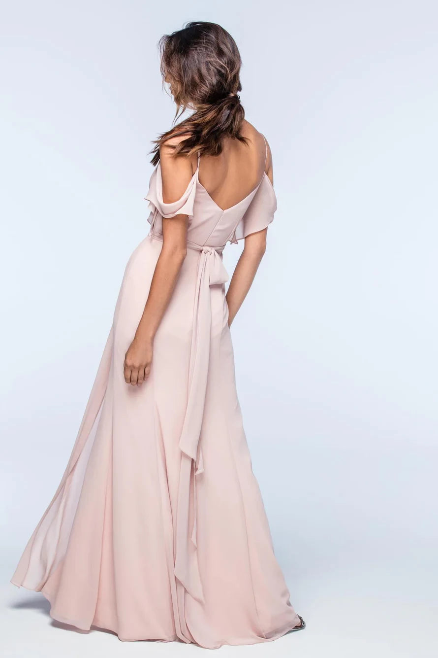 V-neck off shoulder thin shoulder strap backless side slit and floor length evening dress