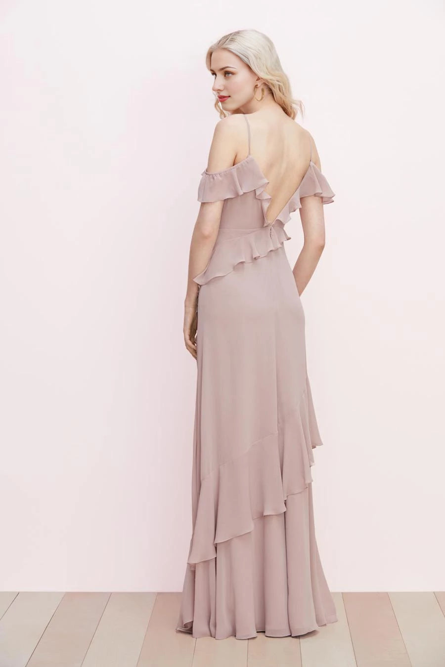 V-neck sleeveless thin shoulder strap backless ruffle edge and floor length Prom dress