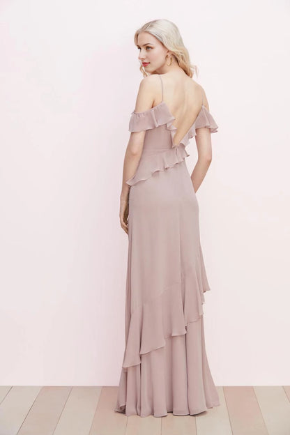 V-neck sleeveless thin shoulder strap backless ruffle edge and floor length Prom dress