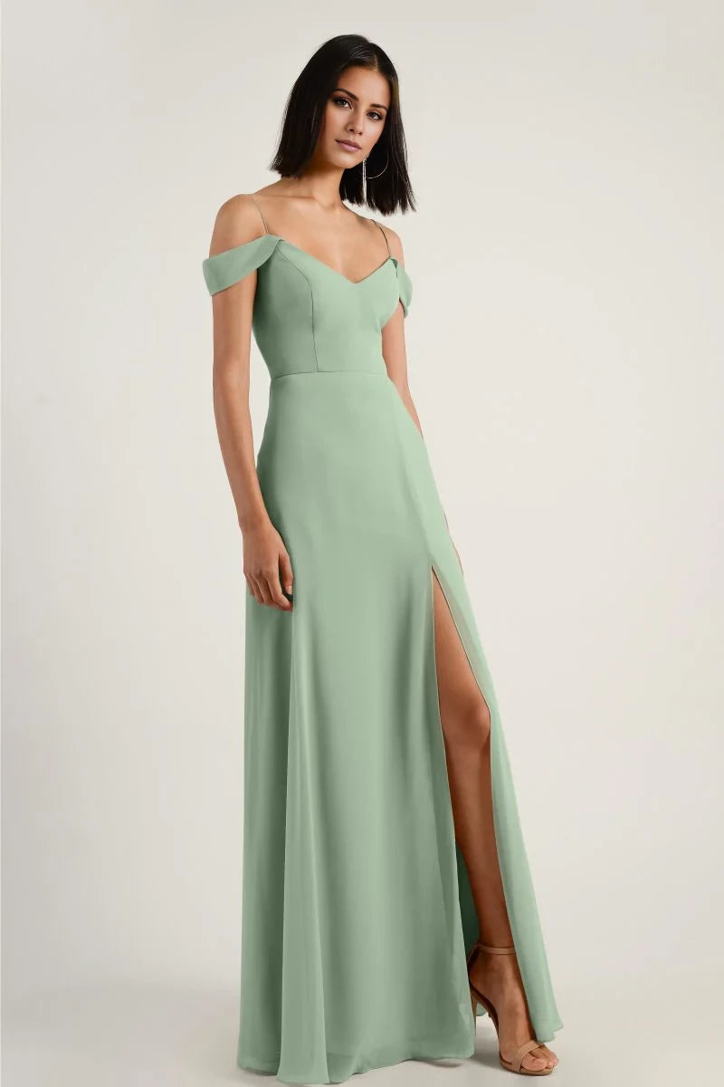 V-neck sleeveless thin shoulder strap backless side slit and floor length evening dress
