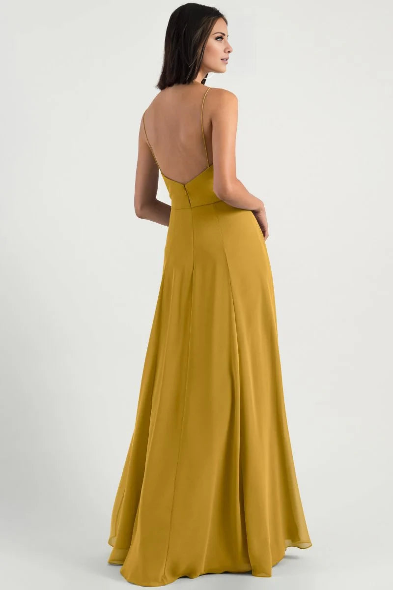 V-neck sleeveless thin shoulder strap backless side slit and floor length evening dress
