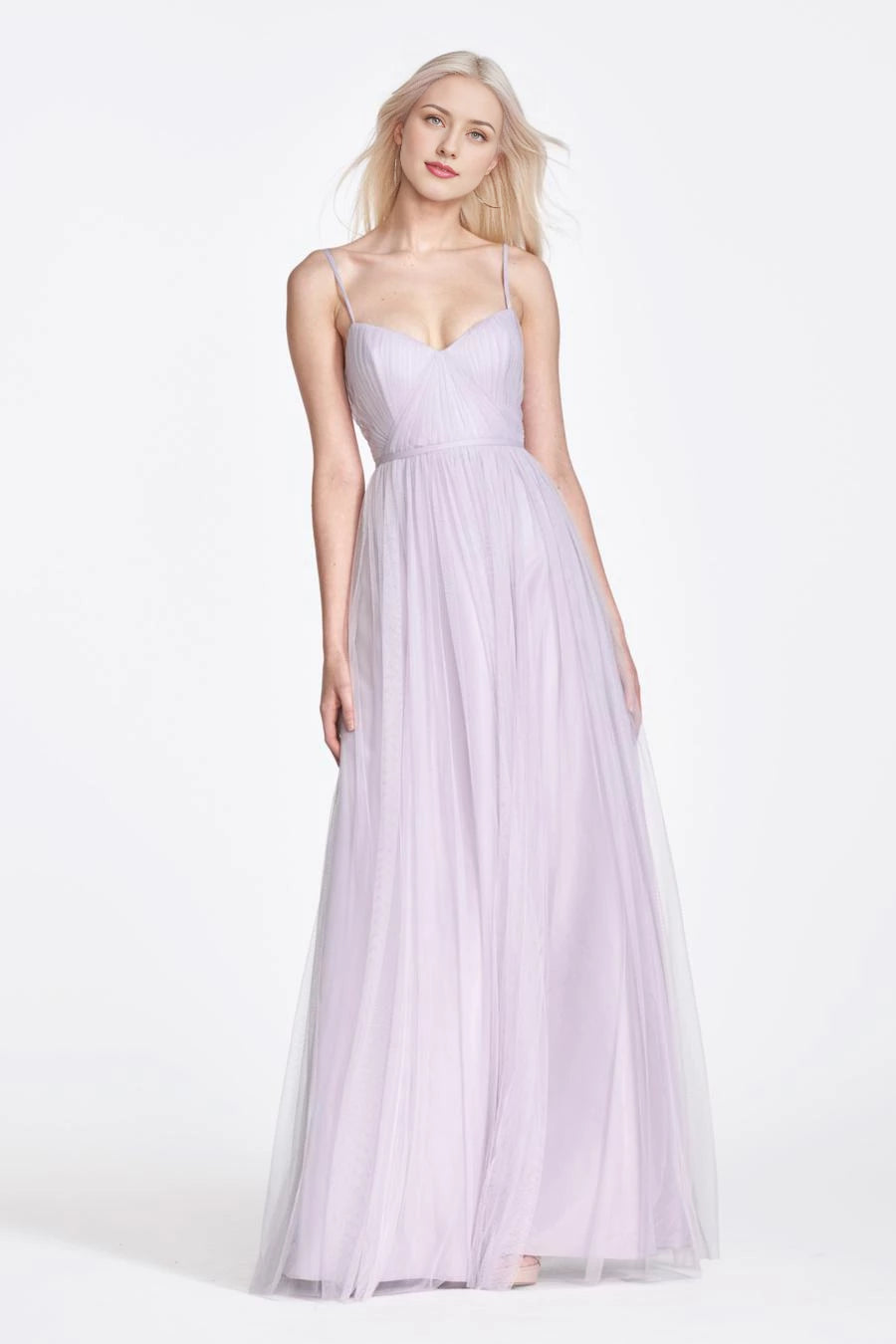 V-neck sleeveless thin shoulder strap sheer backless and floor length Prom dress