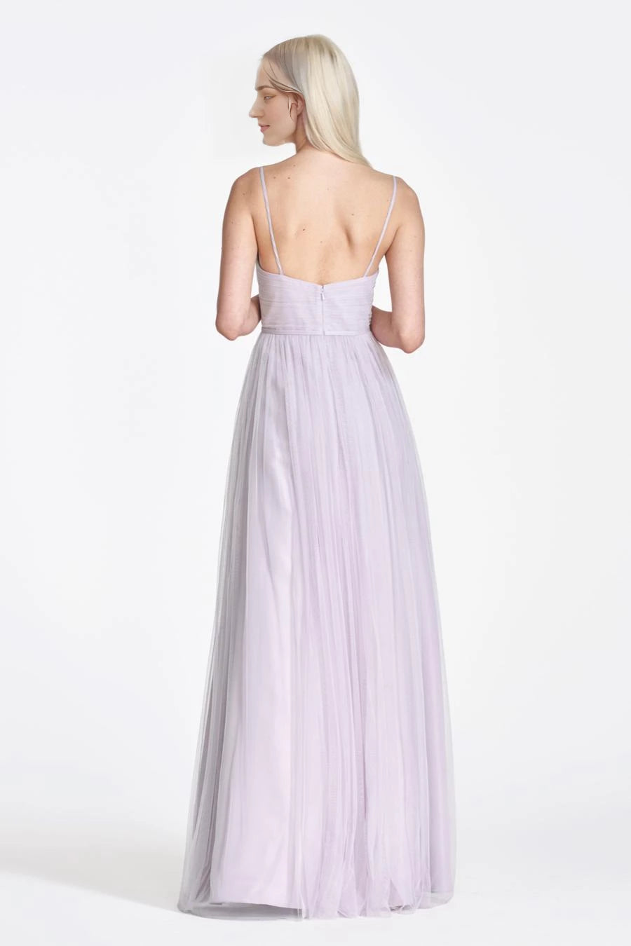 V-neck sleeveless thin shoulder strap sheer backless and floor length Prom dress