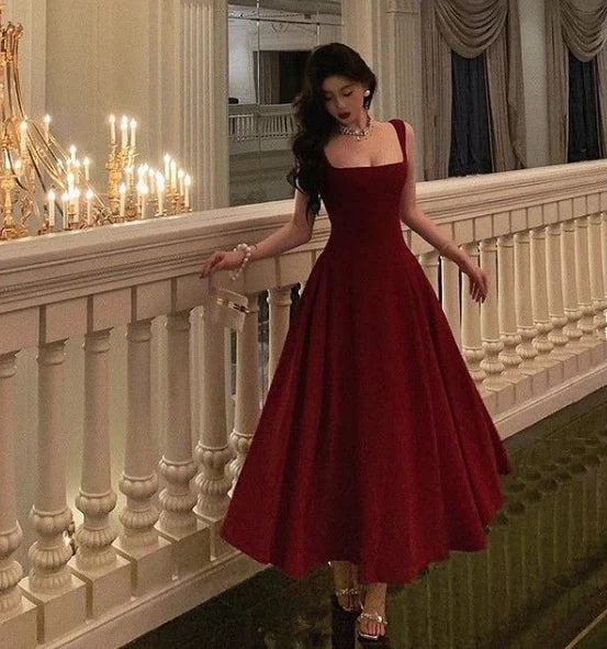 Velvet Square Neck Prom Dresses with Wide Straps, Open Back and A-Line Midi Formal Gown