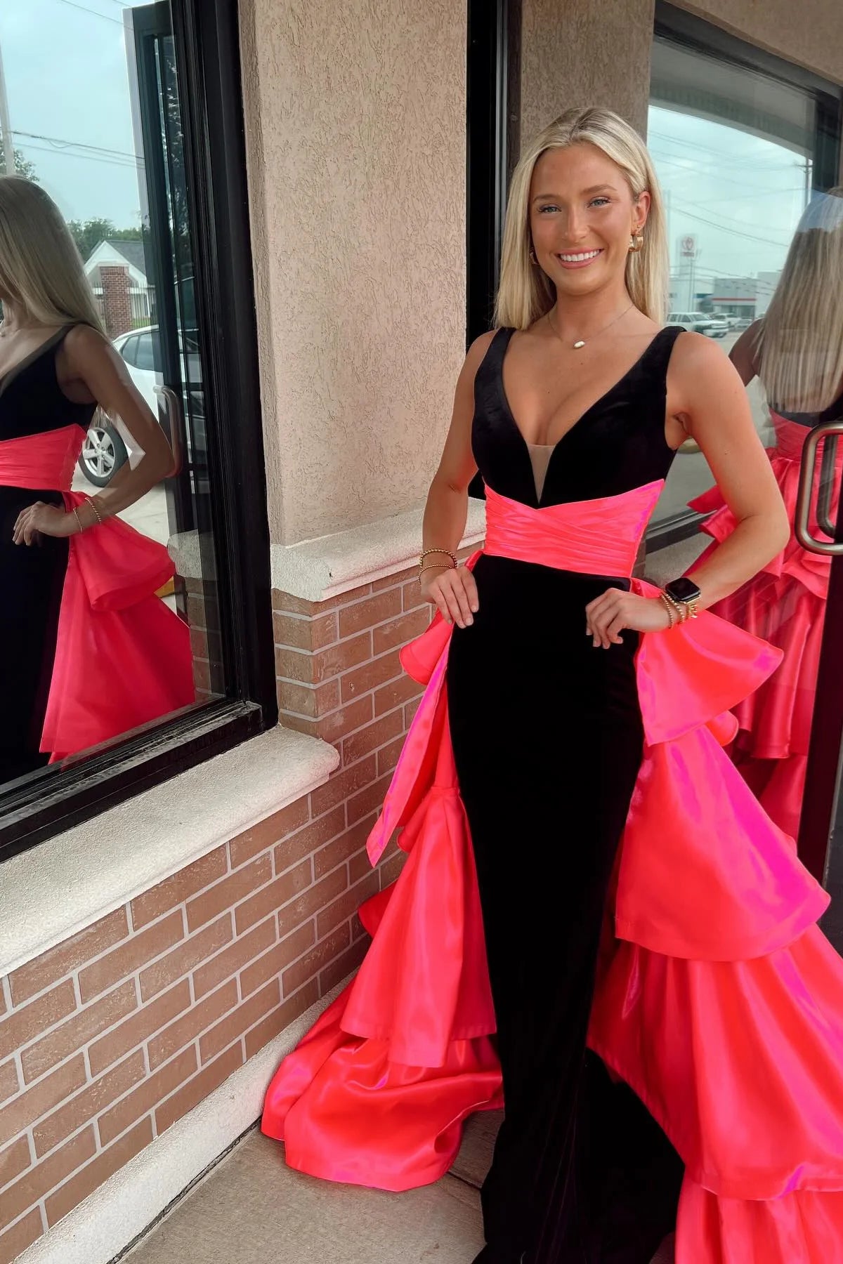 Velvet & Iridescent Satin Evening Dress with Plunge V-Neck, Contrast Waistband & Layered Ruffle Train