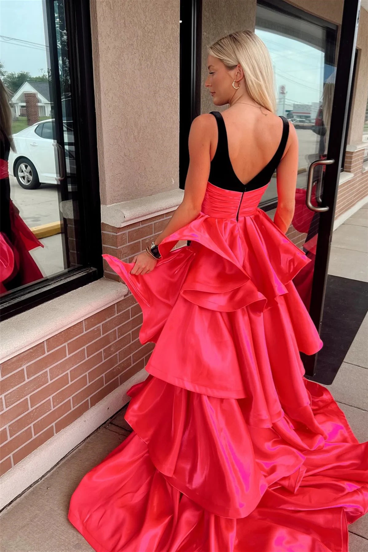 Velvet & Iridescent Satin Evening Dress with Plunge V-Neck, Contrast Waistband & Layered Ruffle Train