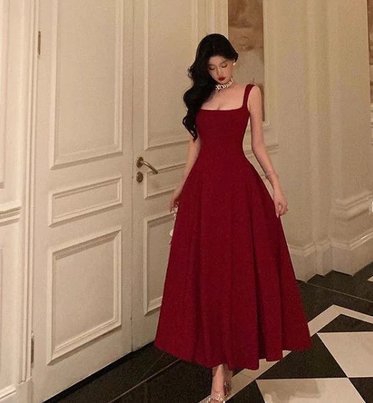 Velvet Square Neck Prom Dresses with Wide Straps, Open Back and A-Line Midi Formal Gown