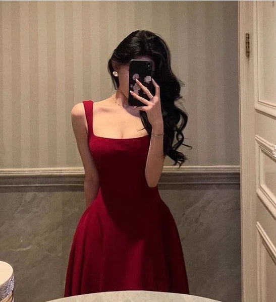 Velvet Square Neck Prom Dresses with Wide Straps, Open Back and A-Line Midi Formal Gown