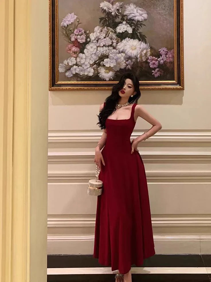 Velvet Square Neck Prom Dresses with Wide Straps, Open Back and A-Line Midi Formal Gown