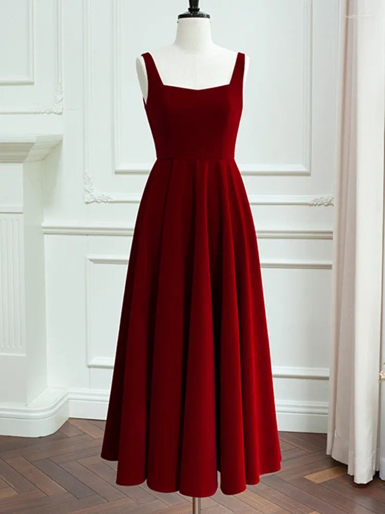Velvet Square Neck Prom Dresses with Wide Straps, Open Back and A-Line Midi Formal Gown