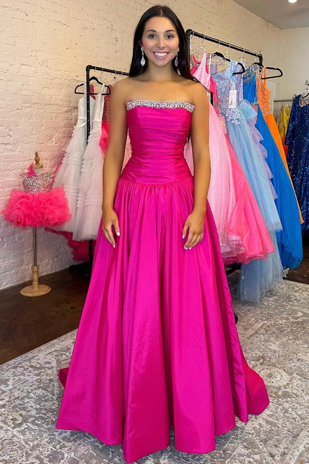 Vibrant A-Line Strapless Crystal-Trim Floor-Length Satin Prom Dress