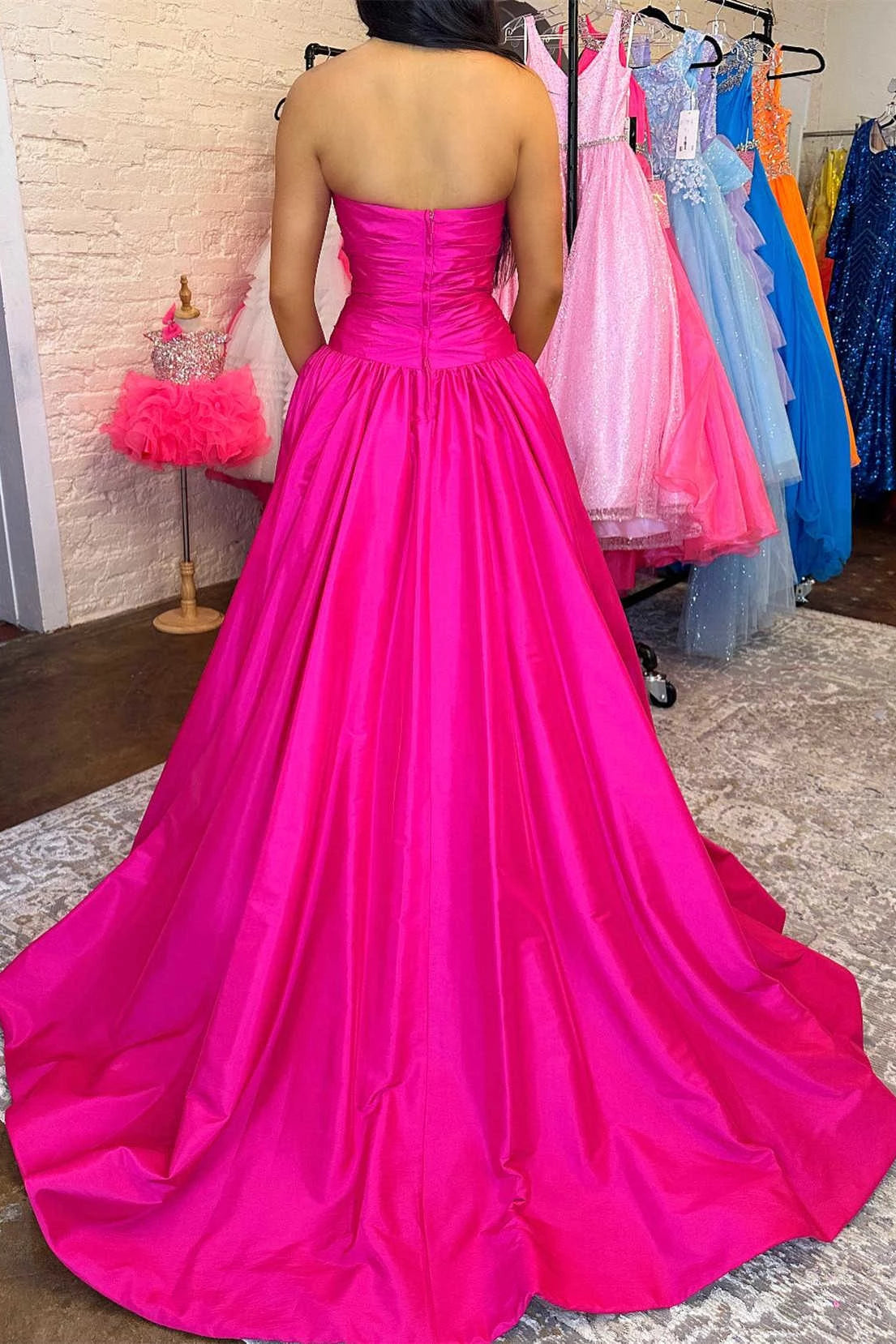 Vibrant A-Line Strapless Crystal-Trim Floor-Length Satin Prom Dress