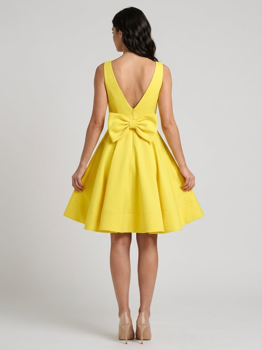Vibrant A-Line V-Neck Bow-Back Yellow Knee-Length Homecoming Party Dress.