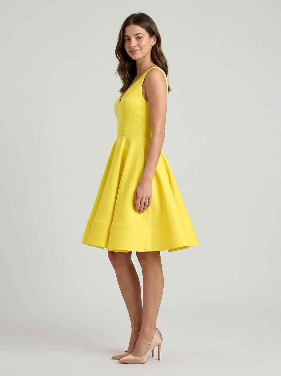 Vibrant A-Line V-Neck Bow-Back Yellow Knee-Length Homecoming Party Dress.