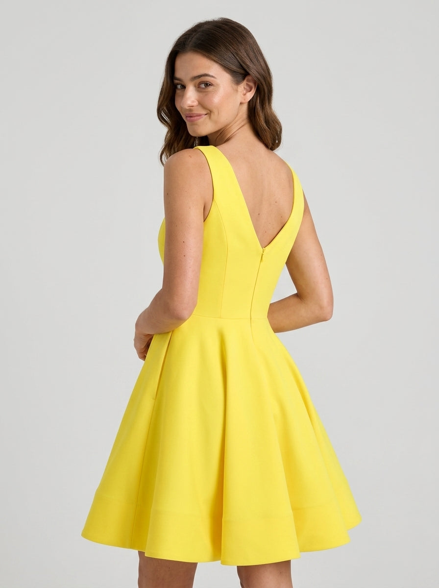 Vibrant A-Line V-Neck Bow-Back Yellow Knee-Length Homecoming Party Dress.