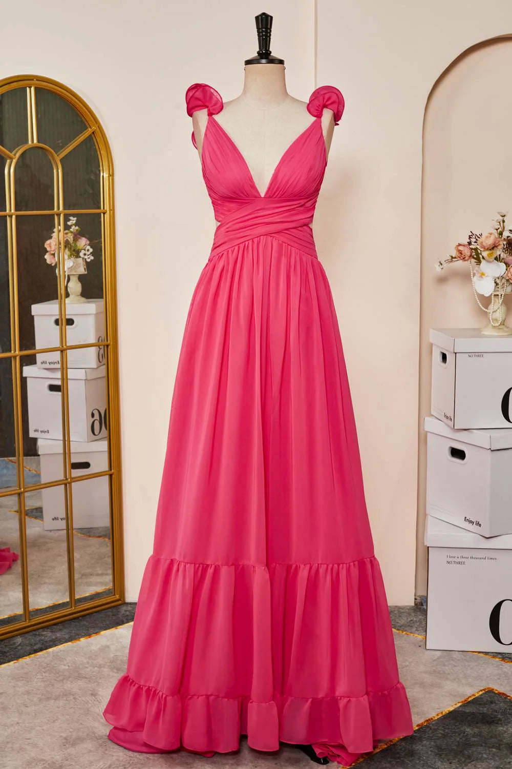 Vibrant A-Line V-Neck Ruffled-Shoulder Cutout-Waist Floor-Length Prom Dress