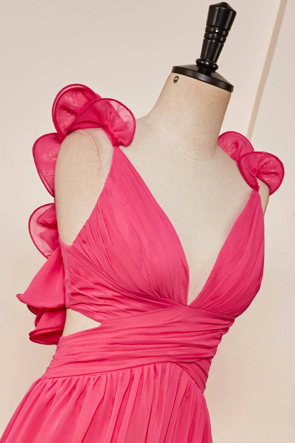 Vibrant A-Line V-Neck Ruffled-Shoulder Cutout-Waist Floor-Length Prom Dress