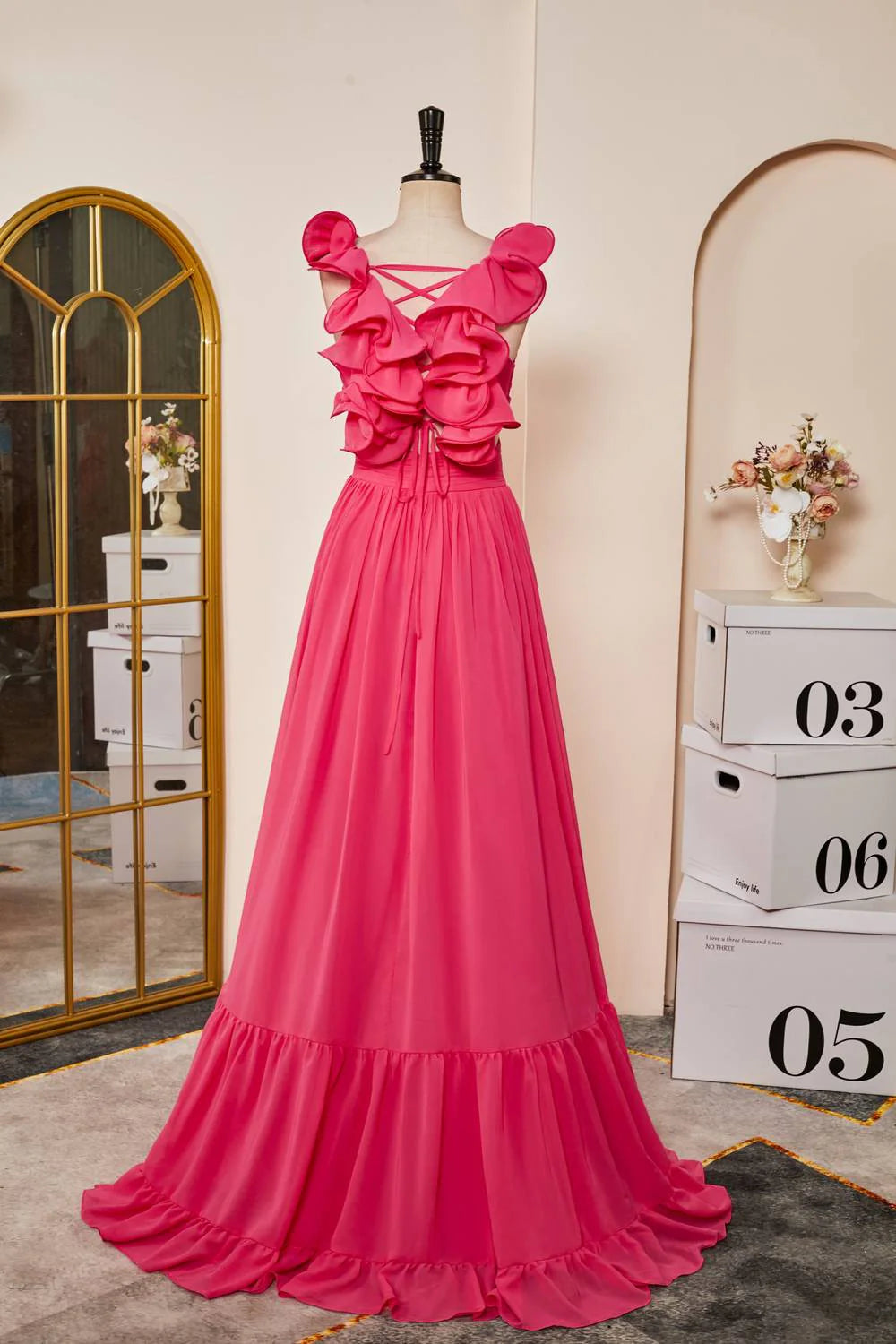 Vibrant A-Line V-Neck Ruffled-Shoulder Cutout-Waist Floor-Length Prom Dress