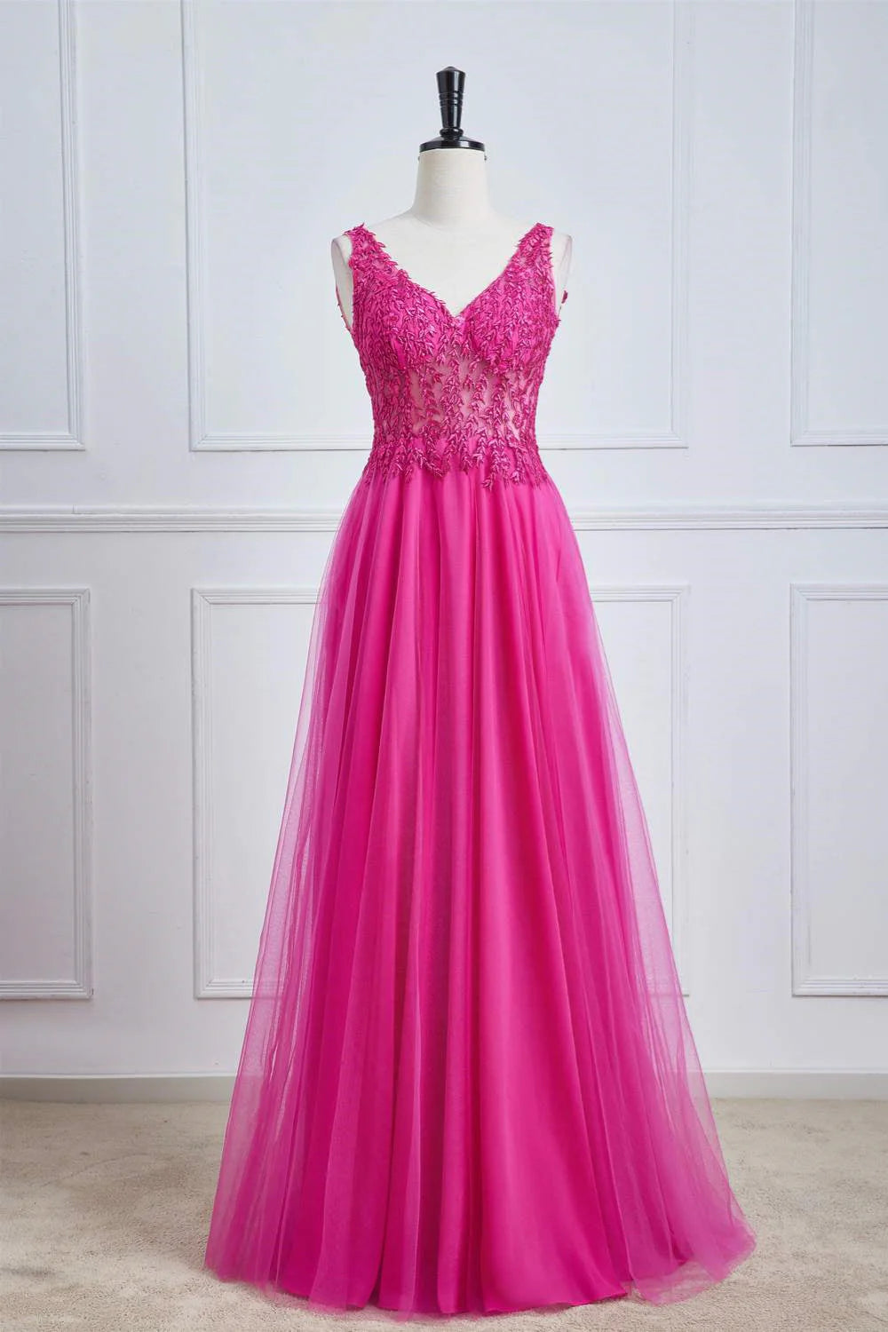 Vibrant A-Line V-Neck Sleeveless Lace-Appliqué Floor-Length Prom Dress