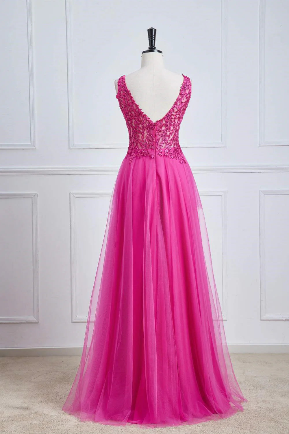 Vibrant A-Line V-Neck Sleeveless Lace-Appliqué Floor-Length Prom Dress