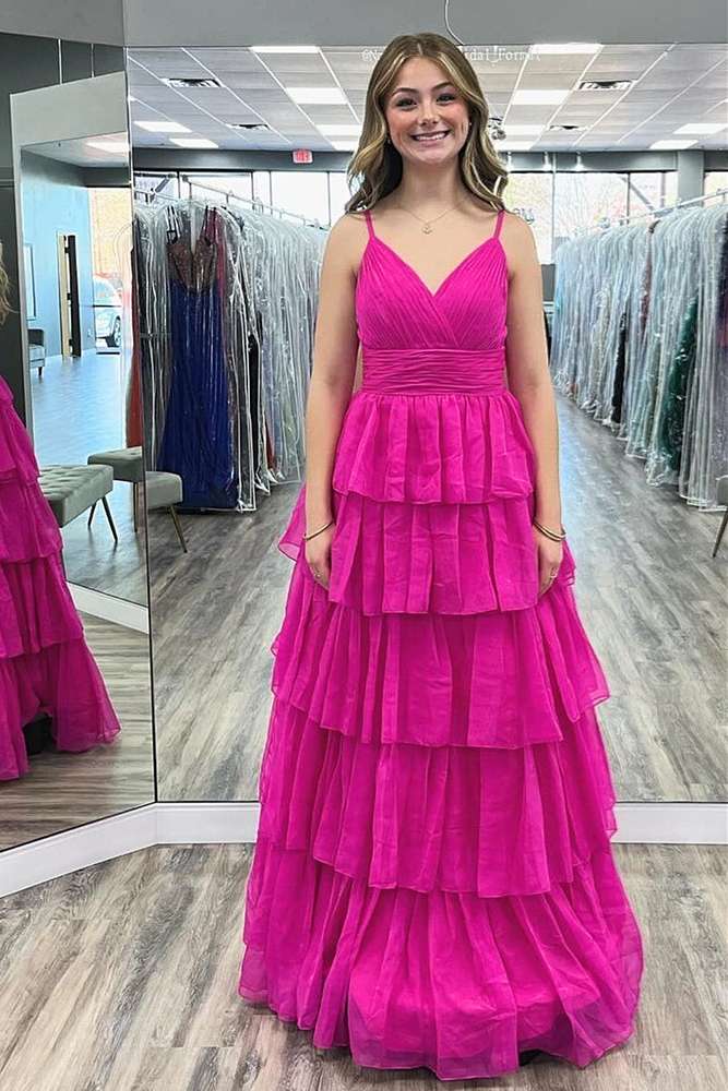 Vibrant A-Line V-Neck Spaghetti-Strap Open-Back Tiered Floor-Length Prom Dress