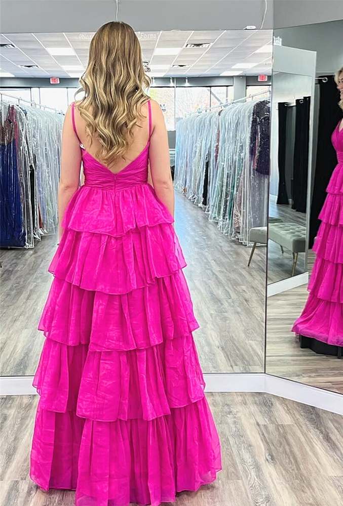 Vibrant A-Line V-Neck Spaghetti-Strap Open-Back Tiered Floor-Length Prom Dress