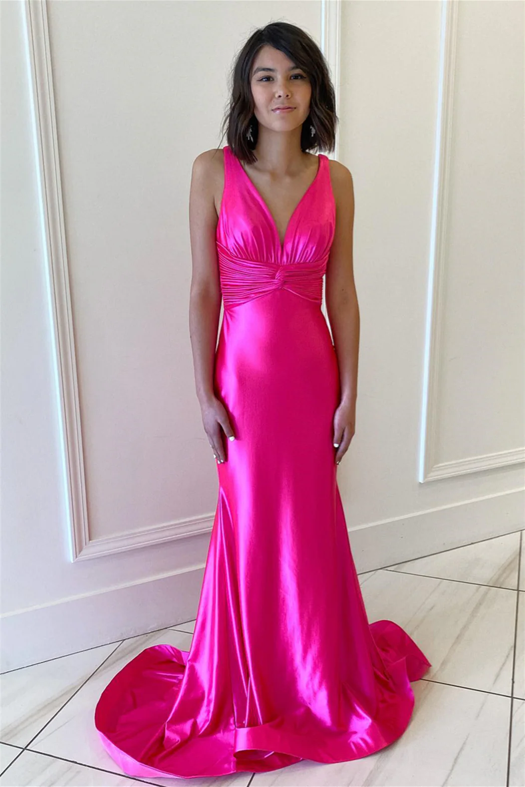 Vibrant Mermaid Deep V-Neck Multi-Strap Back Ruched-Waist Shiny Satin Floor-Length Prom Dress