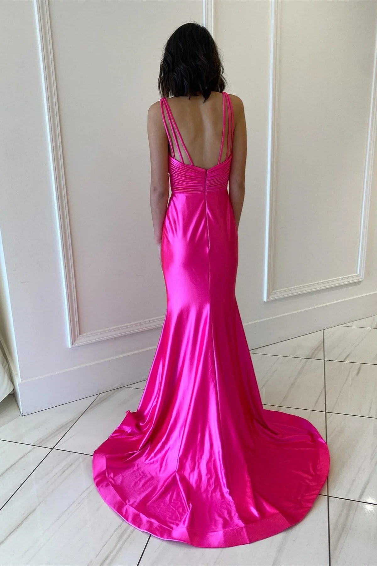 Vibrant Mermaid Deep V-Neck Multi-Strap Back Ruched-Waist Shiny Satin Floor-Length Prom Dress