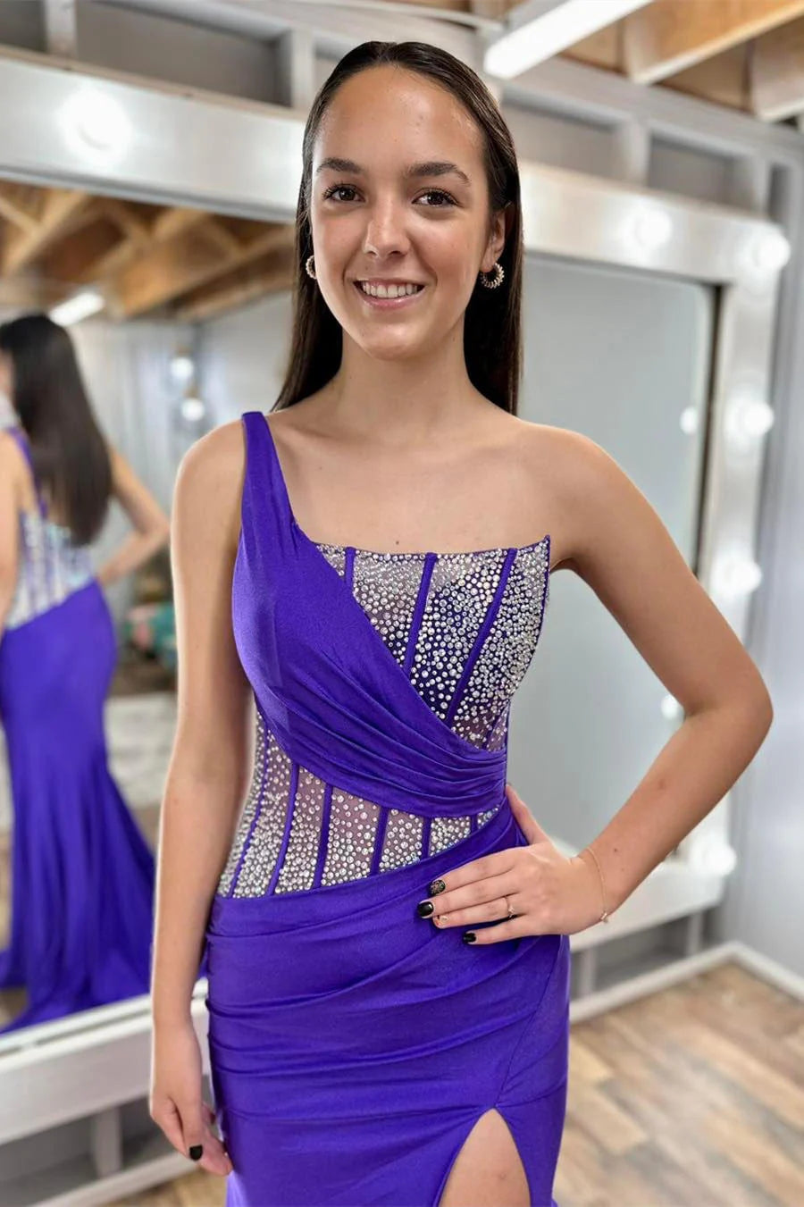 Vibrant Mermaid One-Shoulder Beaded Illusion Slit Floor-Length Prom Dress