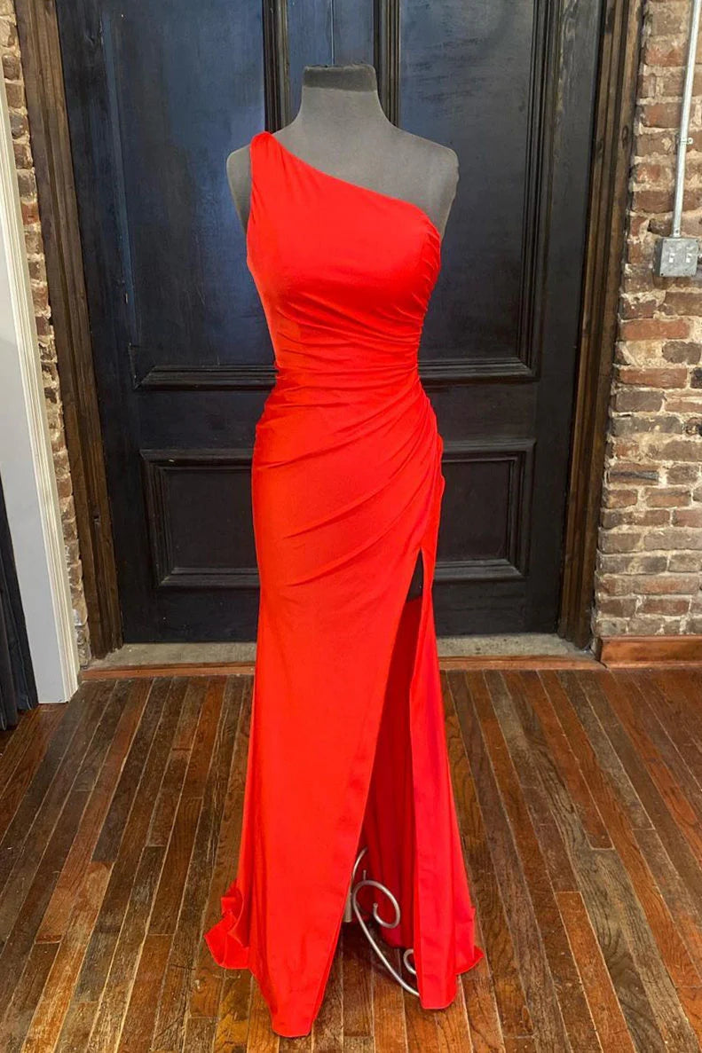 Vibrant Mermaid One Shoulder Sleeveless Open Back Slit Floor Length Prom Dress