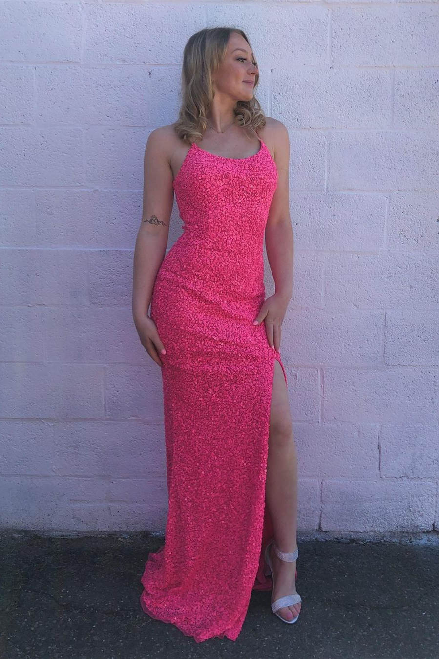 Vibrant Mermaid Round Neck Sleeveless Lace Up Back Slit Floor Length Prom Dress